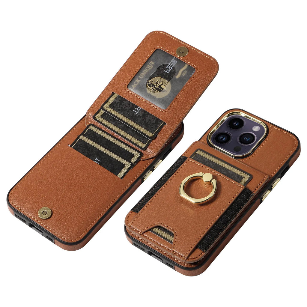 Handmade imitation leather phone case with card slot and magnetic bracket for Apple iPhone