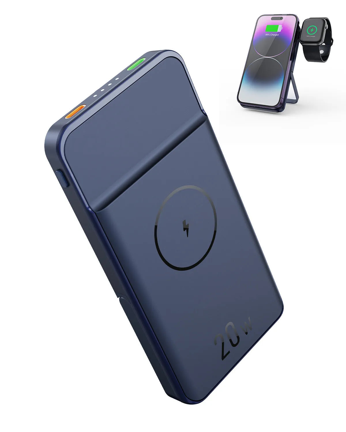 Black magnetic wireless power bank with bracket, 10000mAh capacity, industrial design