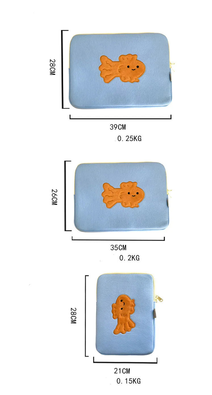 Cotton tablet sleeve bag with goldfish colour design zipper closure anti-seismic padding 11 inch
