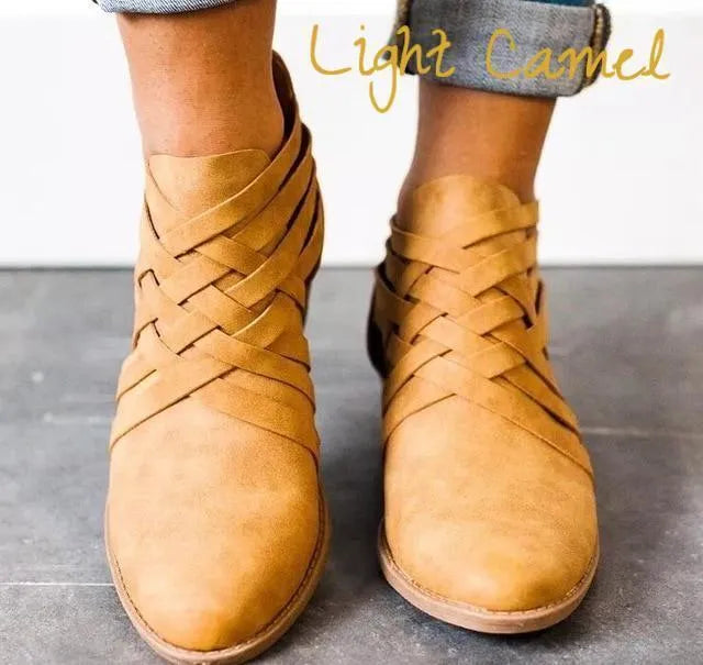 Women's suede thick heel hollow short boots with back zipper in camel colour