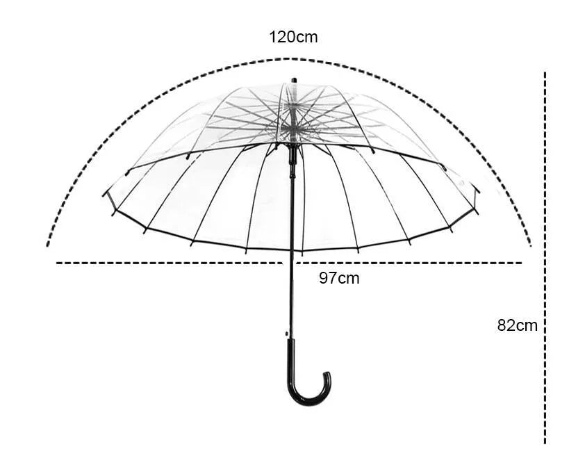 Long handle transparent umbrella with black steel frame and white canopy