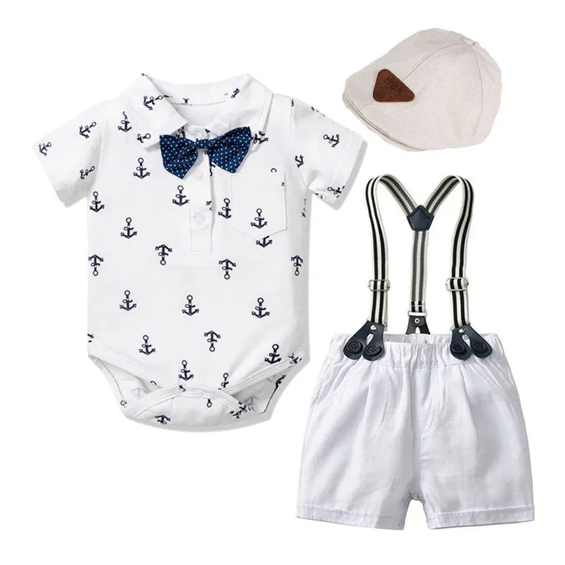 Blue cotton baby boy romper with gentleman print, short sleeves, and climbing style design.