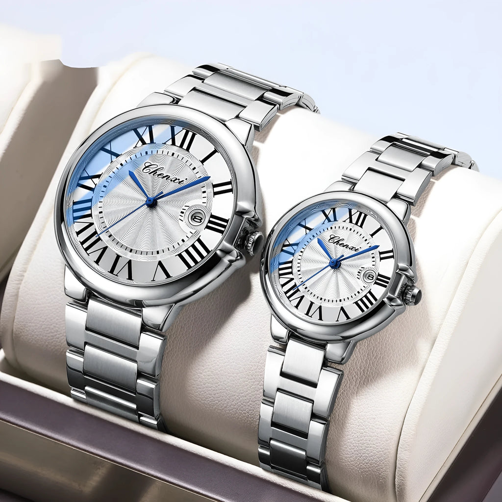 Roman couple watches steel belt calendar luminous waterproof silver shell
