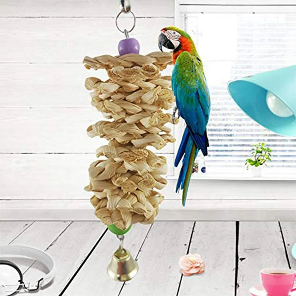 Natural grass parrot toy with bell, hanging from cage with hook, brown, 18-20 cm length