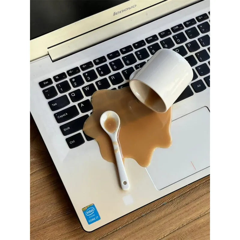 Overturned coffee decoration toy phone holder in macchiato colour on desk with plastic stent
