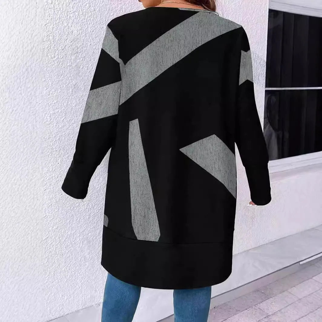 Black plus size casual coat cardigan with button stitching and print design, loose fit with regular sleeves