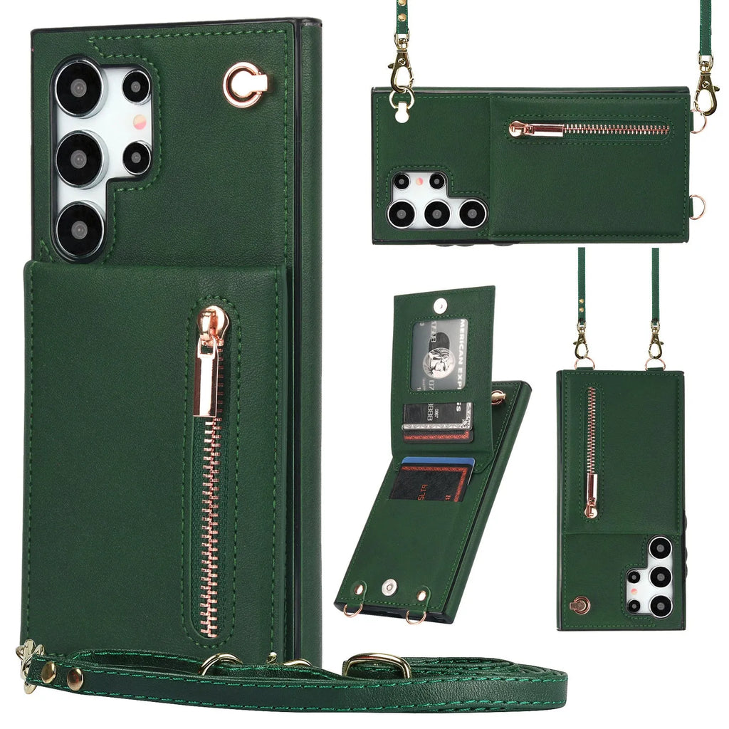 Black Samsung phone case with a crossbody strap, card slot, and folded kickstand visible on the back.