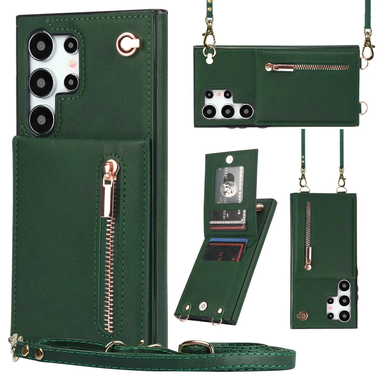 Black Samsung phone case with a crossbody strap, card slot, and folded kickstand visible on the back.