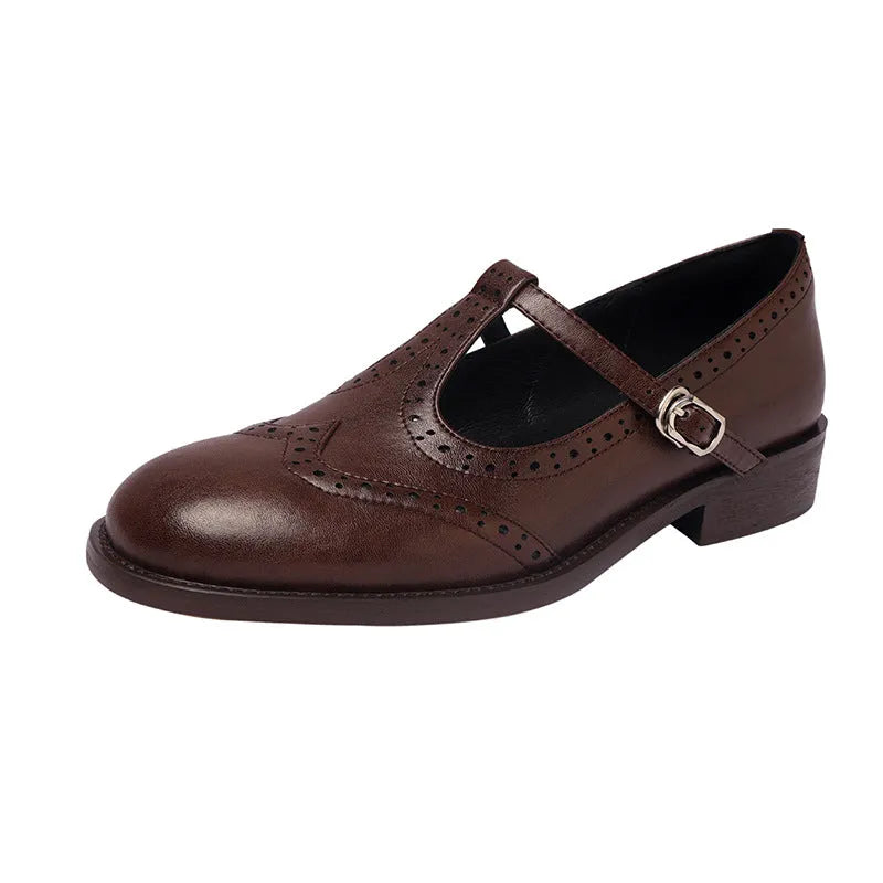 Women's retro round head Mary Jane shoes in black genuine leather with T-bar strap and rubber sole