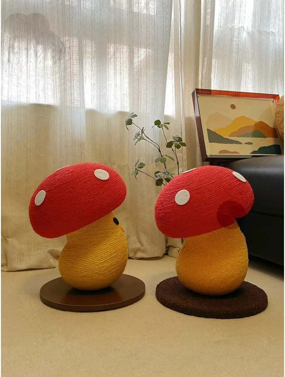Round mushroom-shaped cardboard cat scratcher with foldable accordion design on floor