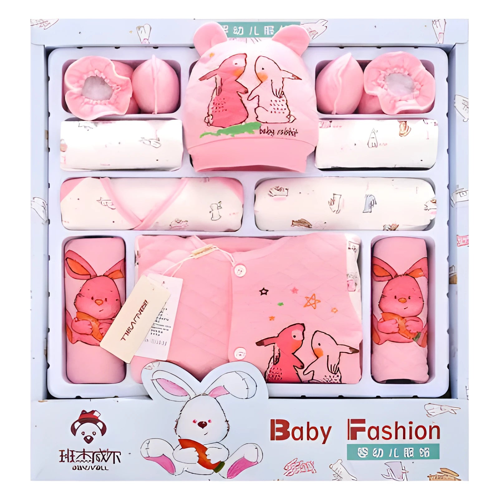 Padded baby clothes set in pink for newborns, made from soft cotton fabric.