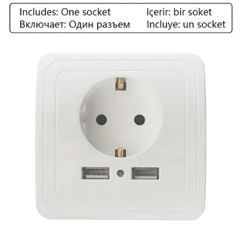 White dual USB wall charger adapter with 2A output, two-pronged outlet, LED indicator, 80mm x 80mm x 45mm panel.