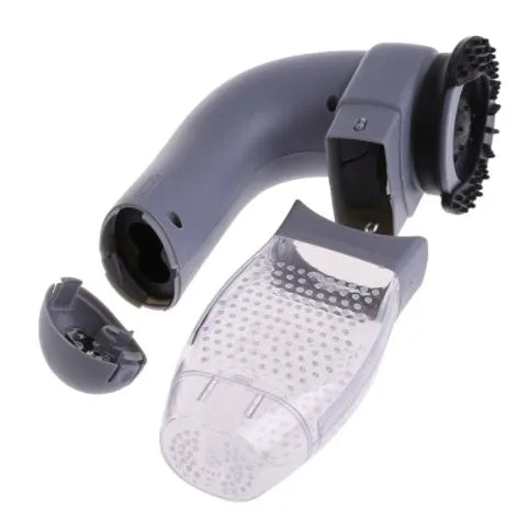 Grey electric pet hair vacuum grooming brush with rubber head and collection canister