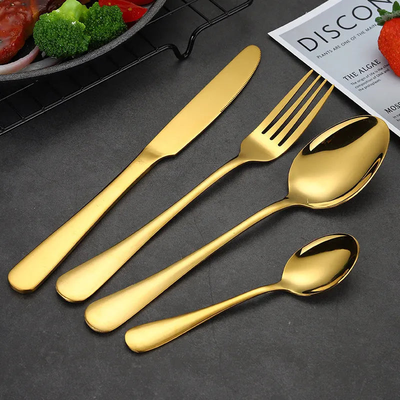 Stainless steel tableware 24 piece set showing table knives, forks, and spoons in multiple colour options