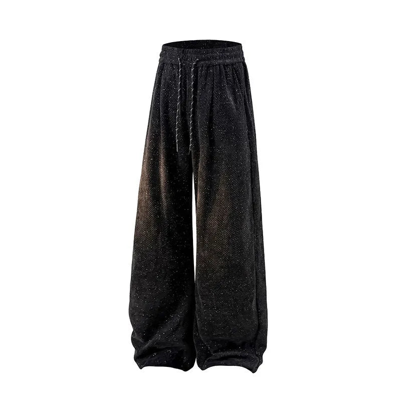 Light grey straight-leg casual trousers with a fleece lining and elastic waistband on a hanger.