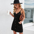 Black strapless A-line mini dress with single-breasted button front and mid-waist cut, sizes XS to L