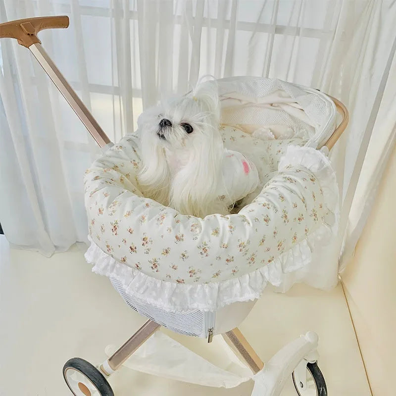 Green gray striped cotton pet stroller set showing towel, cushion, and pillow on a pet stroller seat
