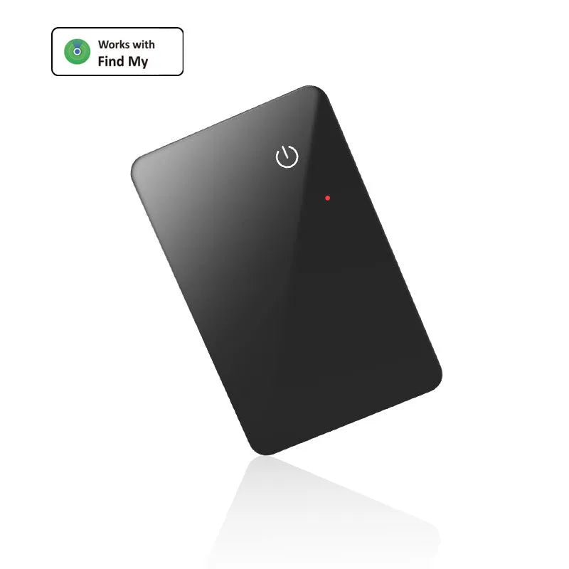 Black plastic pet tracking device with card shape, hanging hole, and wireless charging via NFC interface