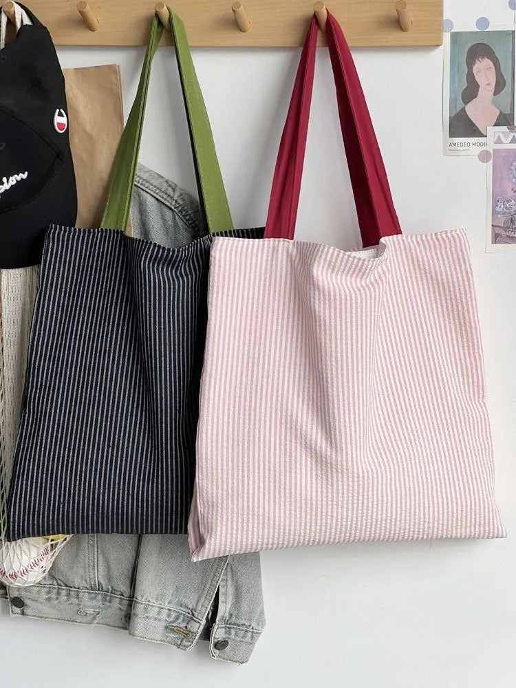 Canvas multi-layer tote shoulder bag showing light pink stripes pattern with 24cm shoulder strap