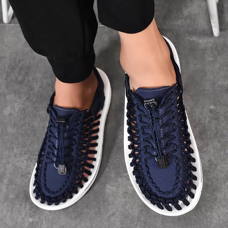 Adjustable drawstring tie woven sandals in multiple colours on a non-slip rubber sole.