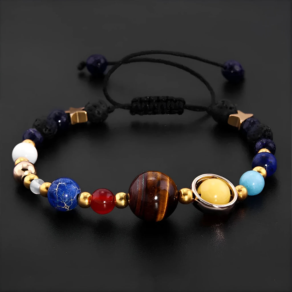 Eight planets natural stone bead bracelet with lapis lazuli, aquamarine, labradorite, tiger eye and red agate on wax rope or elastic string.