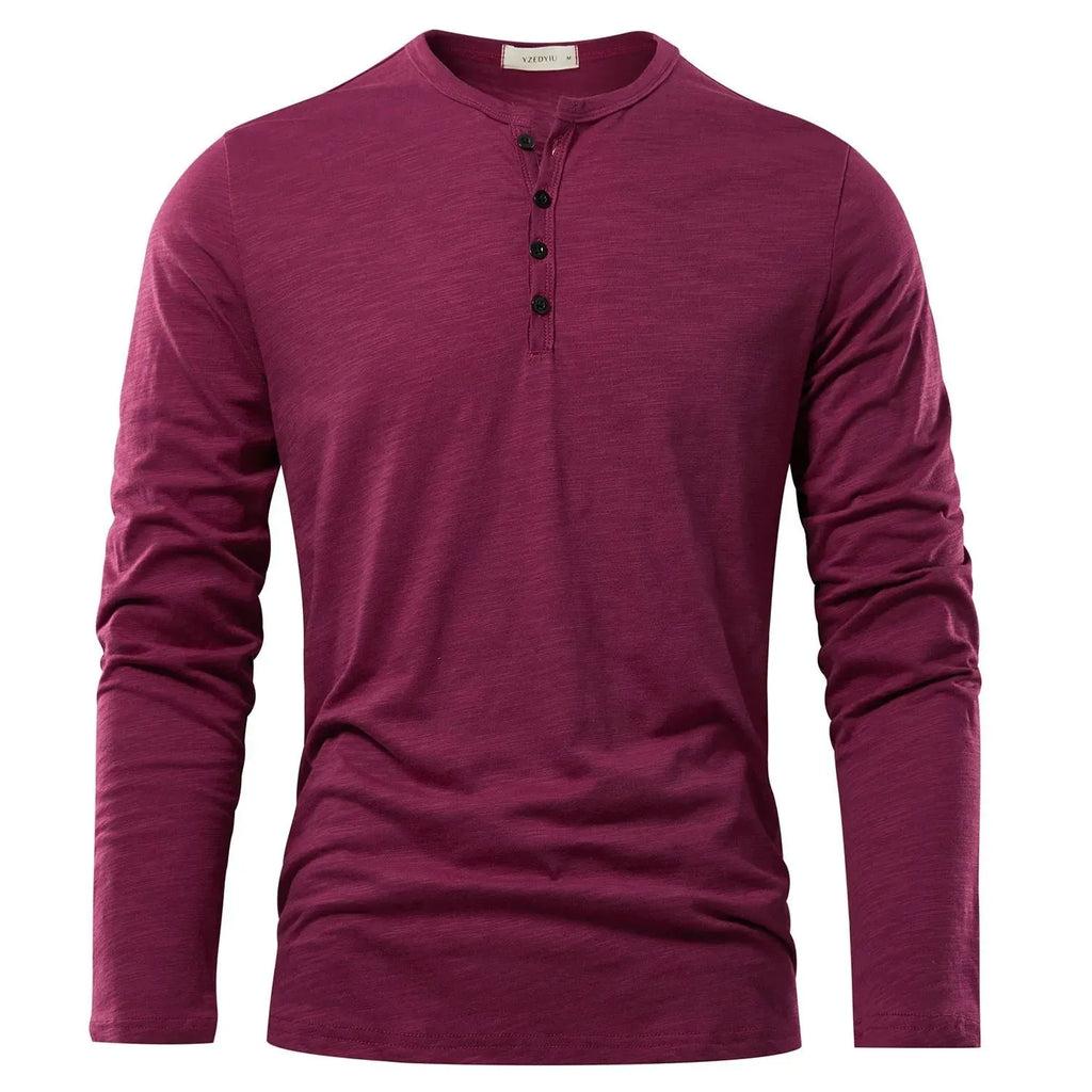 Men's solid colour cotton long-sleeved pullover top in khaki slub fabric, front view, casual fit