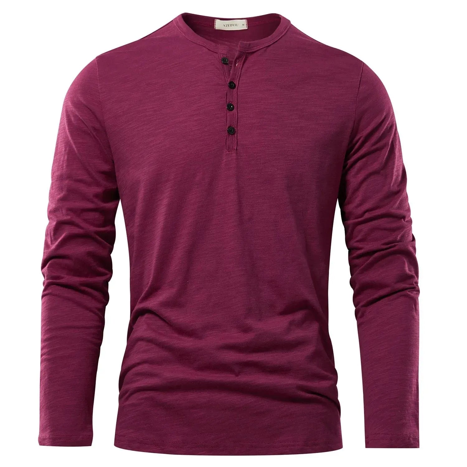 Men's solid colour cotton long-sleeved pullover top in khaki slub fabric, front view, casual fit