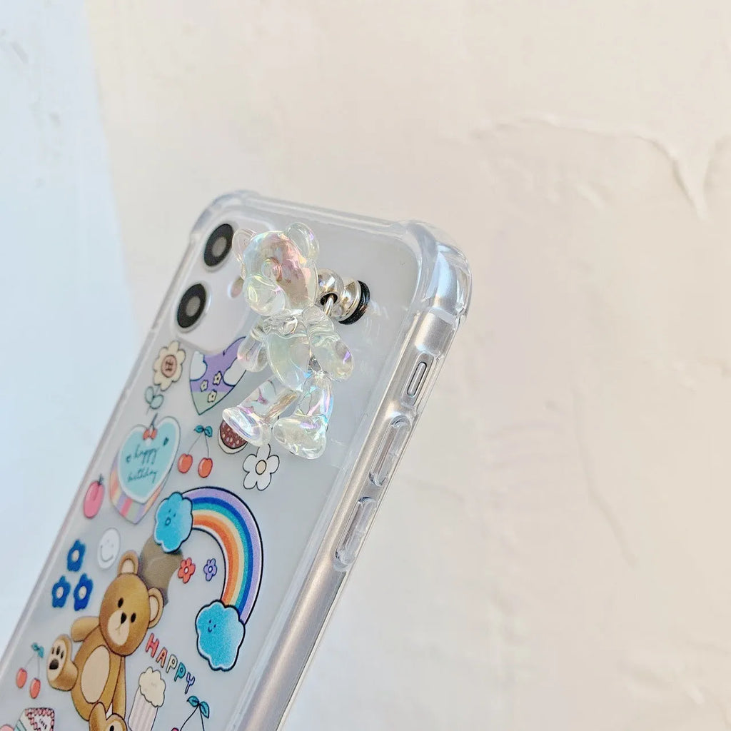 iPhone mobile phone case with a bear chain and pendant in a cartoon style.