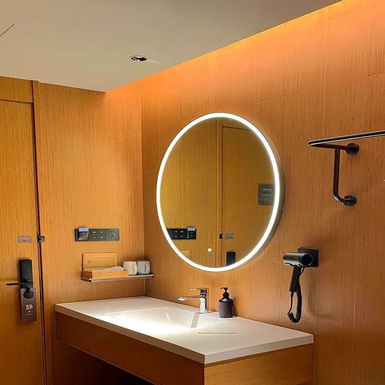 Round black aluminium frame LED wall-mounted bathroom mirror with touch dimming.