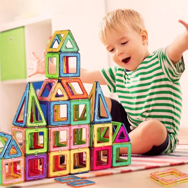 Magnetic building blocks in various sizes and colors, perfect for creative play and STEM learning