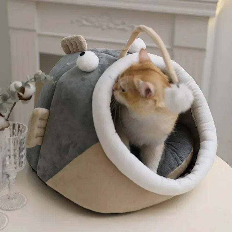 Grey deerskin velvet semi-closed cat house pet bed shown in medium size