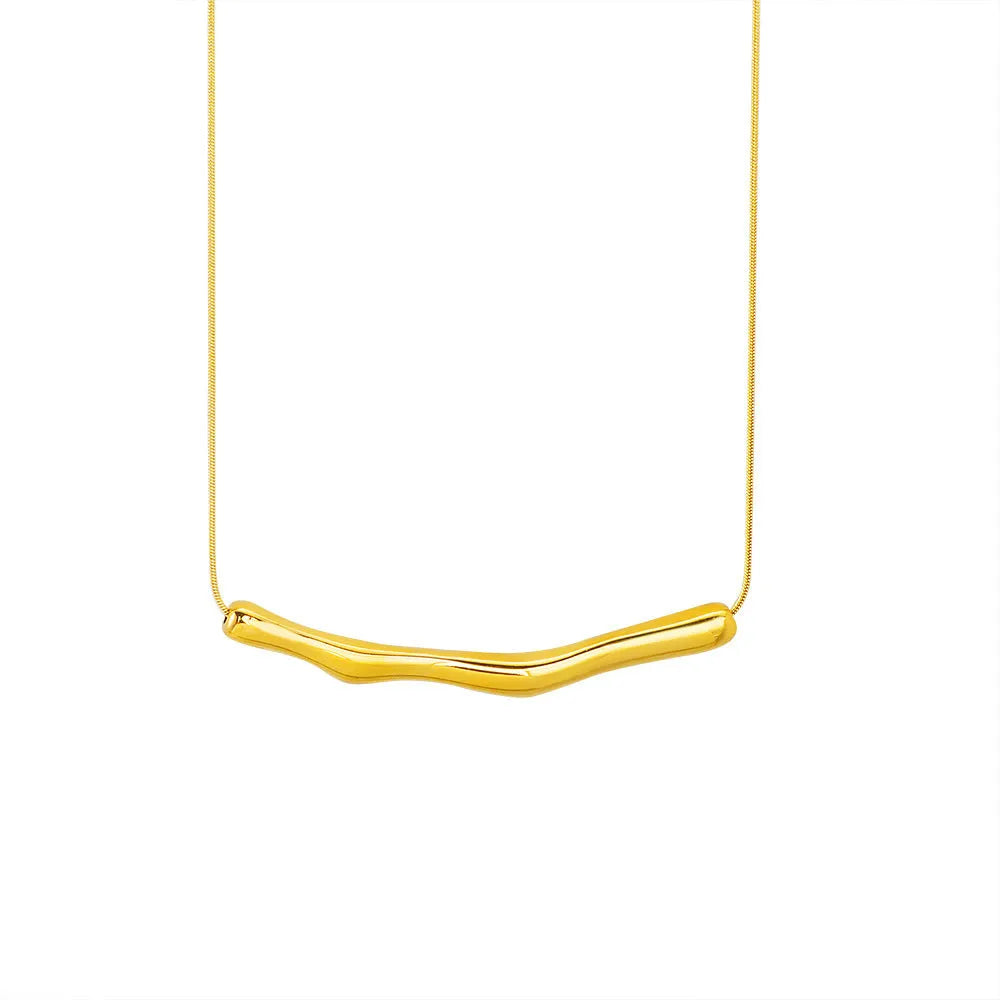 Close-up of a women's titanium steel necklace with an irregular pleated pendant in a gold-tone finish.