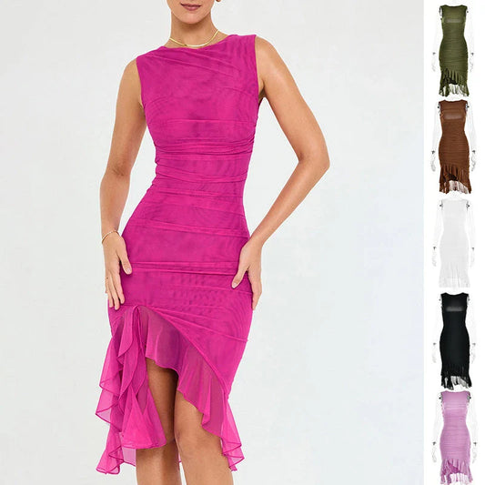 Sleeveless mini dress in solid colors, including black, army green, and purple, with a flattering bodycon silhouette and collage-inspired splicing detail.