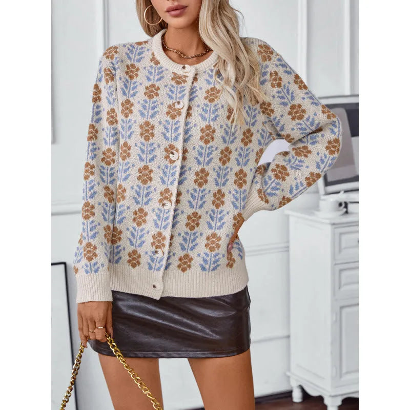 Ladies flower jacquard cardigan sweater coat in apricot or camel, loose fit, sizes S to XL