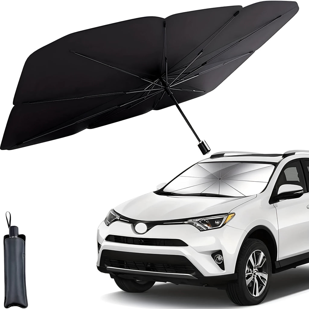 Foldable car windshield sunshade umbrella shown open against a car windscreen and folded compactly.