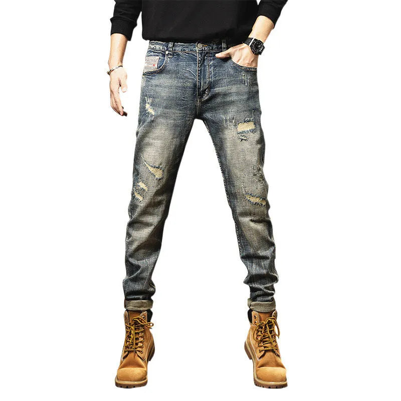 Men's vintage blue loose straight-leg jeans with fleece lining and a drawstring waist closure.