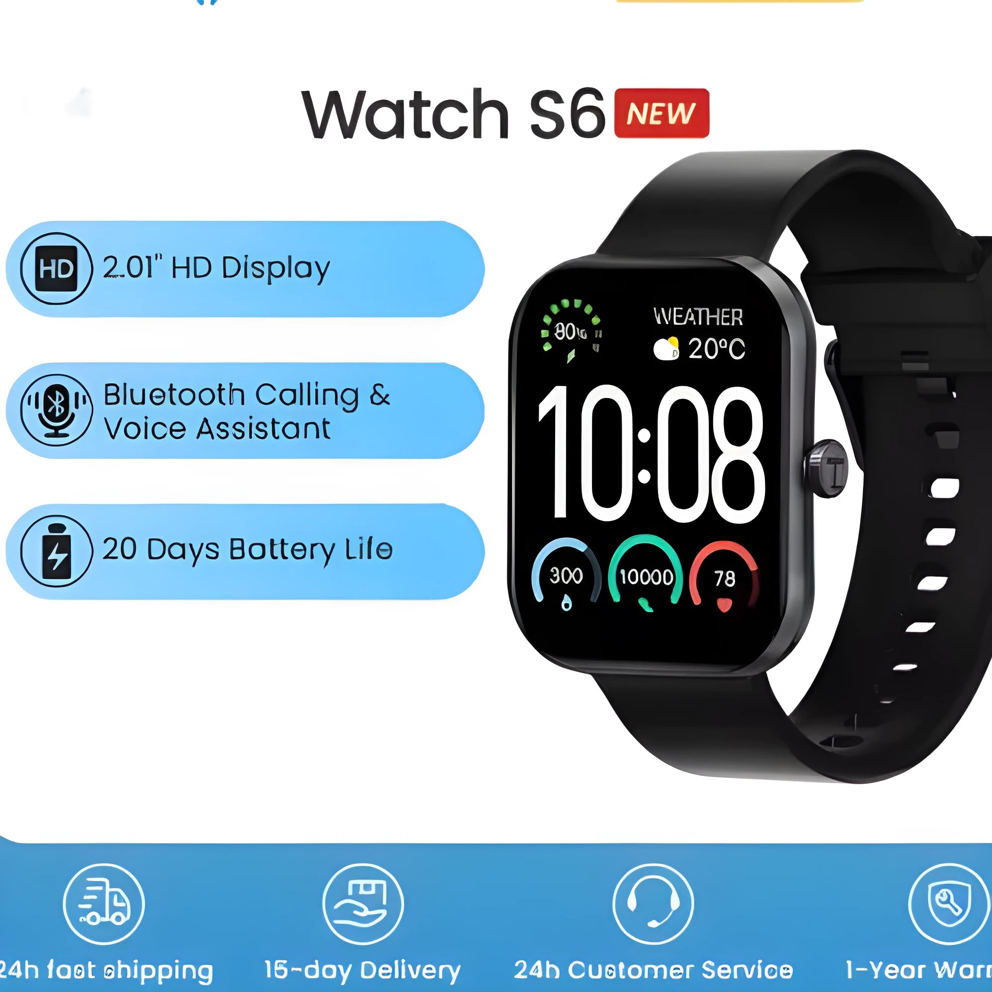 Haylou Watch S6S003 smart watch with silicone strap in black on a plain background