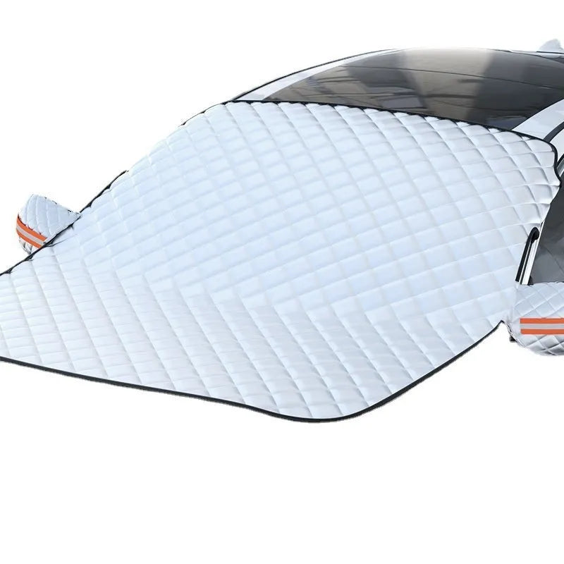 Aluminium foil car windshield cover with magnetic fasteners and reflective edge stripes for winter protection