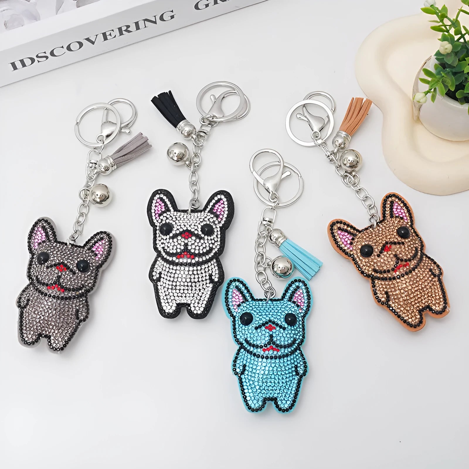 French dog rhinestone keychain with cartoon animal design and metallic electroplated finish