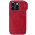 PRO imitation leather flip phone case for iPhone 15 models in black, brown, or red.