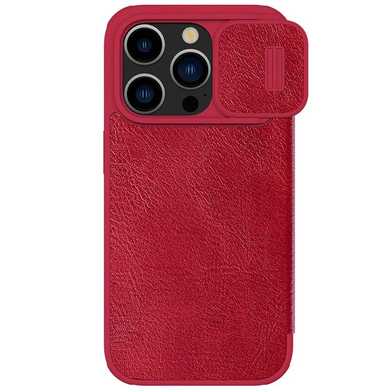 PRO imitation leather flip phone case for iPhone 15 models in black, brown, or red.