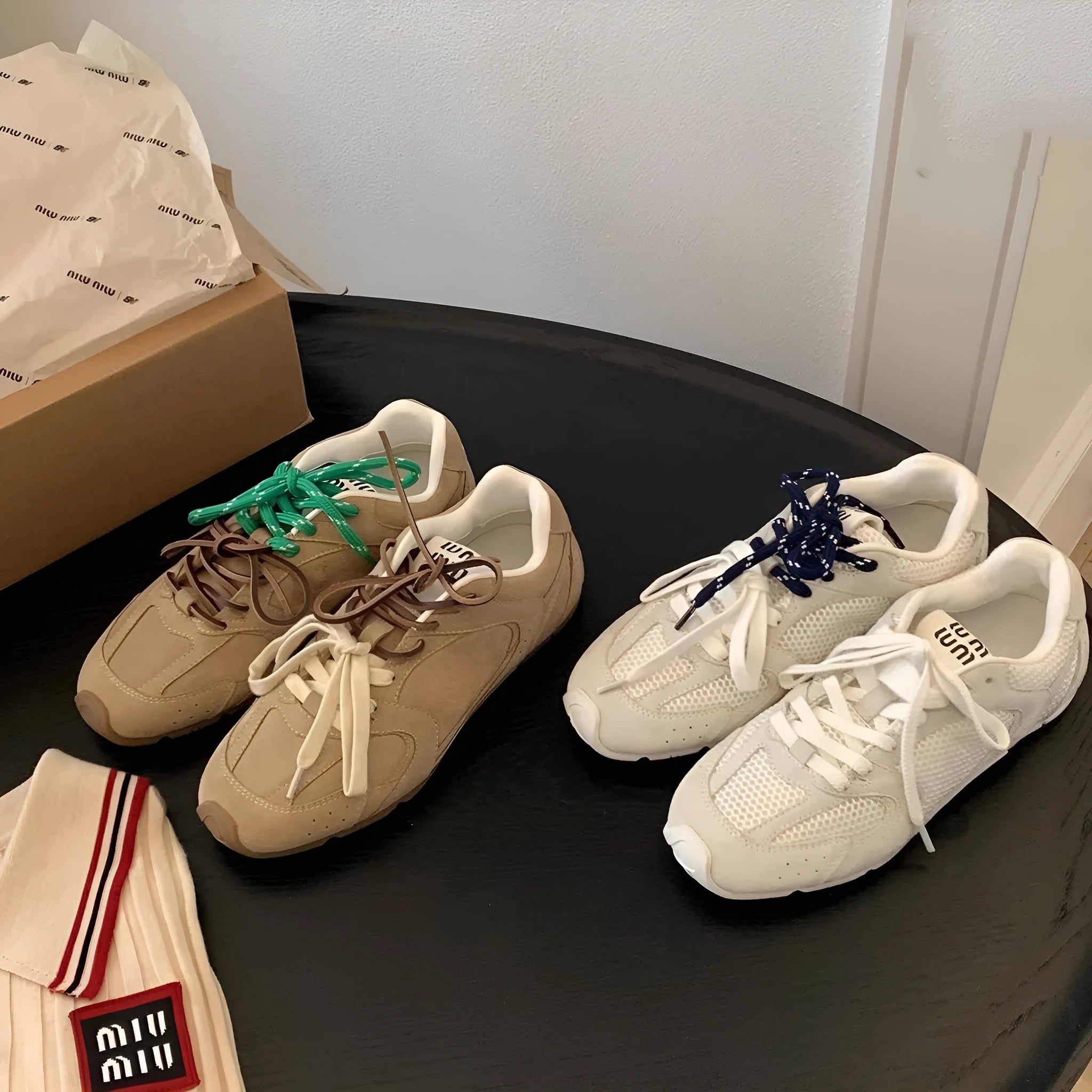 Women's retro German training casual shoes in khaki with flat heel, round toe, and front lace-up closure.