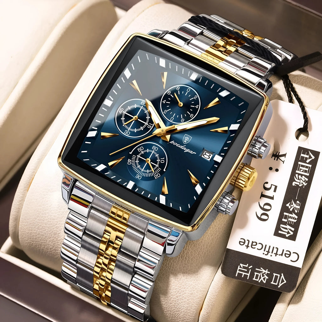 Square men's quartz watch with stainless steel strap and mineral glass