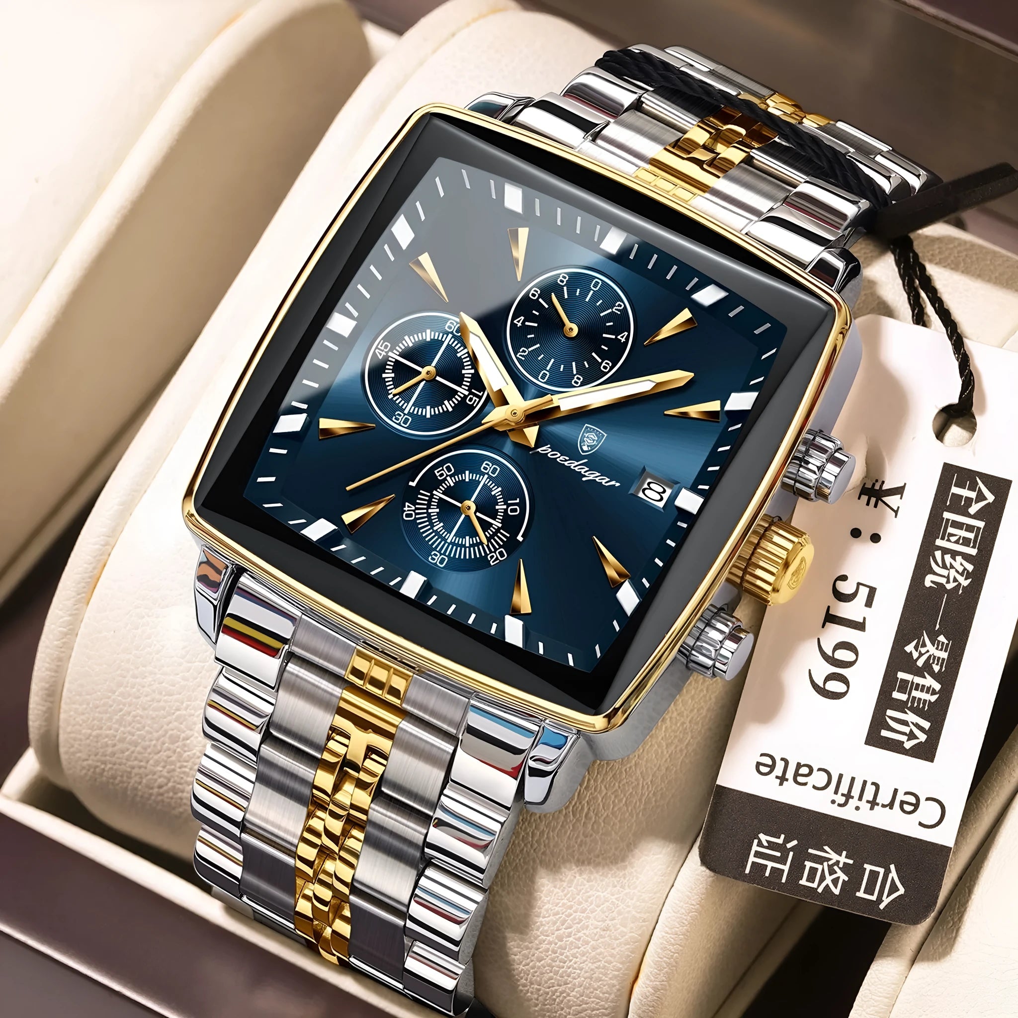 Square men's quartz watch with stainless steel strap and mineral glass