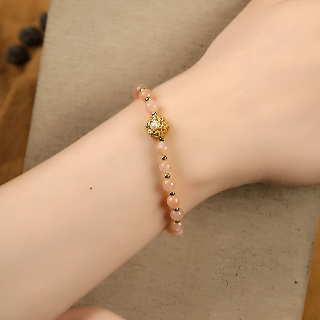 Gray moonstone crystal bracelet hand-woven with peach blossom strawberry quartz and pink sunstone 6mm beads