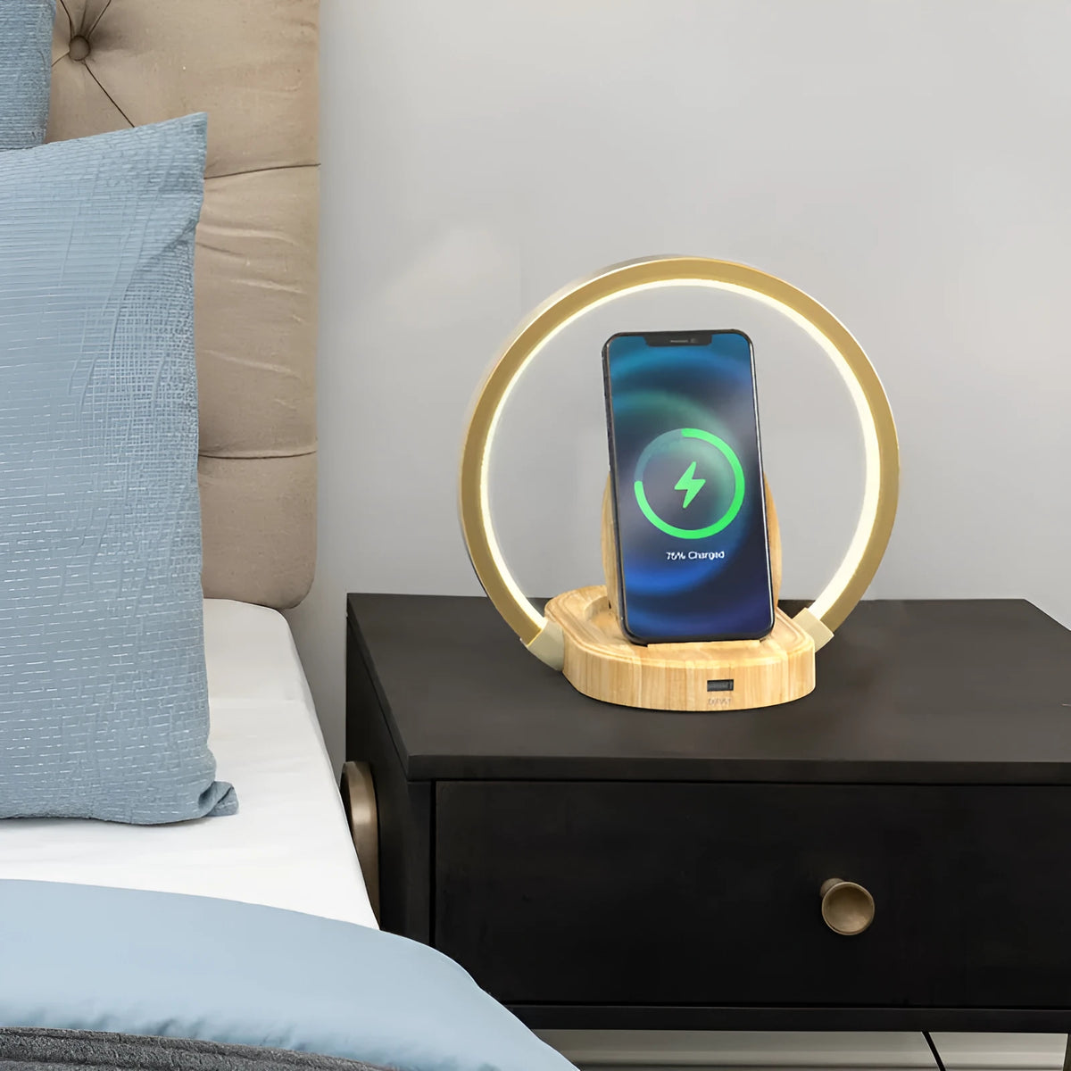 Wireless charging LED desk lamp with Bluetooth speaker, phone holder, and USB port in wood grain finish