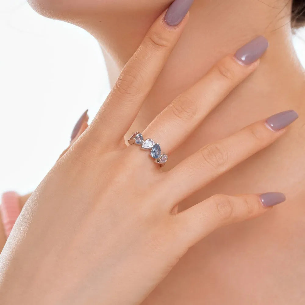 S925 sterling silver zircon ring with water drop pear-shaped stitched design, women's sizes 6-9