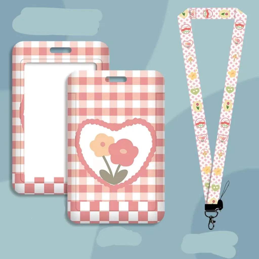 Student card identification set with plastic sleeve and hanging neck strap in cartoon design