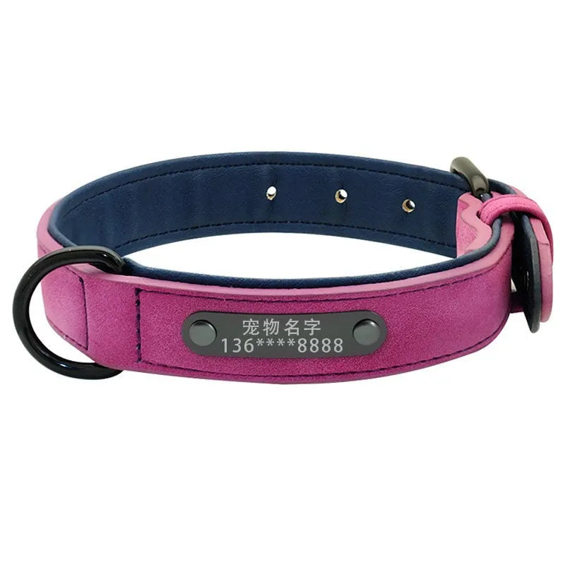Dog collar made of soft microfiber leather with adjustable buttonhole, double D buckle, and painted alloy buckle in purple colour