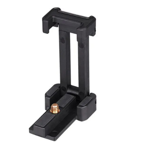 Black desktop phone tripod made of aluminium alloy and plastic, holding a smartphone.